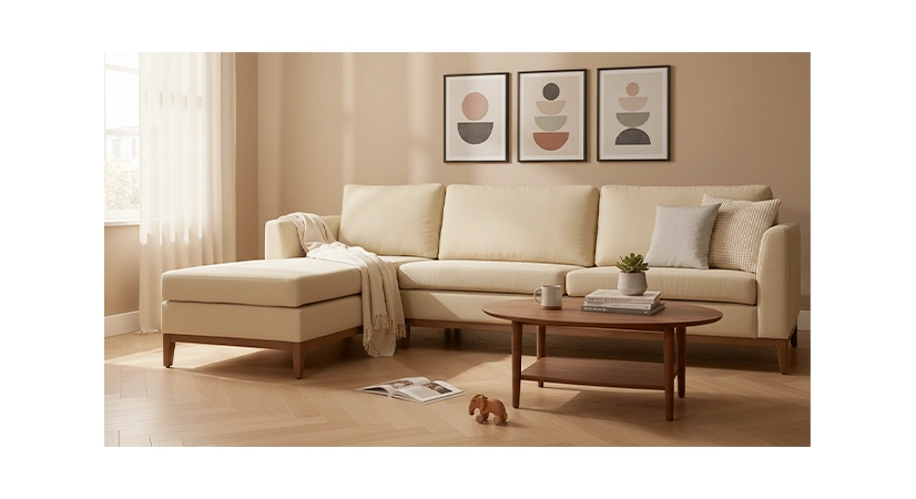 Canapé d'angle 6 places avec angle droit plus long tissu crème (2G - A - 3D) Canapé d'angle 6 places avec angle droit plus long tissu crème (2G - A - 3D)