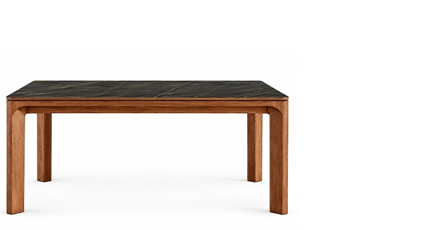 Table extensible 6 à 8 personnes en noyer et céramique allonges bois avec bois teinte naturelle et plateau céramique effet marbre noir 140x90 cm