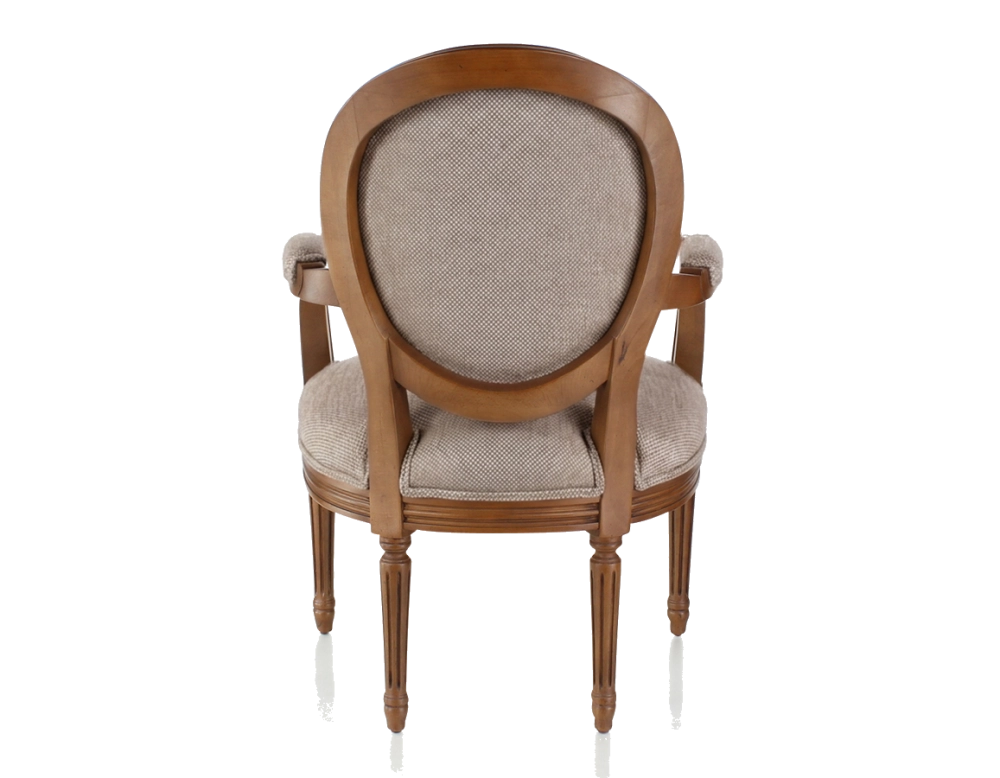 Sillón antiguo estilo Luis XVI bois teinte ancienne et tissu chiné beige, gris et orange