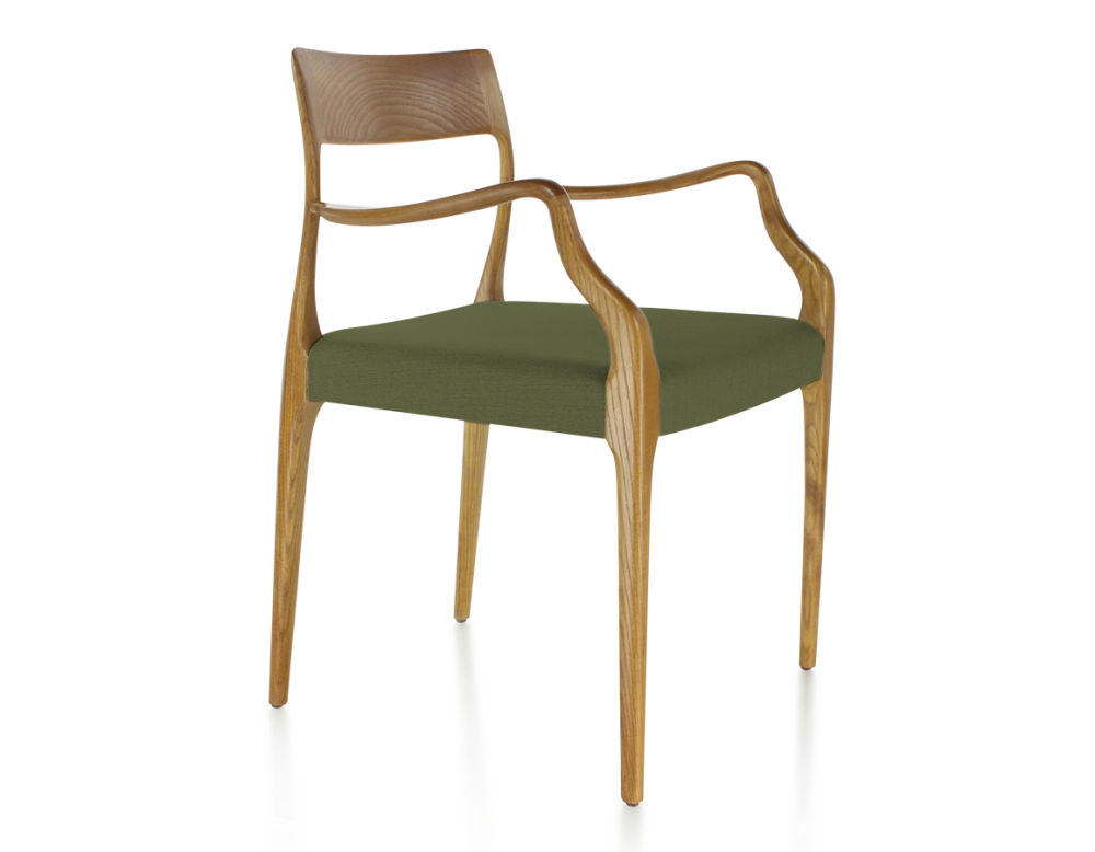 Scandinavian armchair with armrests cherry-stained wood, olive green fabric seat Scandinavian armchair with armrests cherry-stained wood, olive green fabric seat