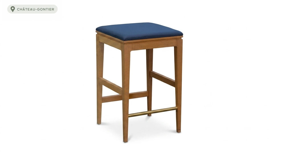 Design bar stool H65 cm natural wood finish with blue fabric seat