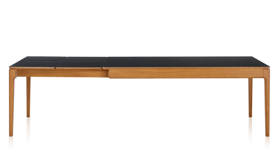 Table extensible 8 à 14 personnes en chêne et céramique allonges céramique avec bois teinte merisier et plateau et allonges céramique noire unie 210x100 cm