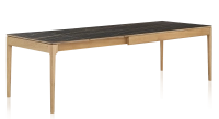 Extendable table for 8 to 12 people in oak and ceramic with ceramic extensions with natural stained wood and black marble effect ceramic top and extensions 160x100 cm