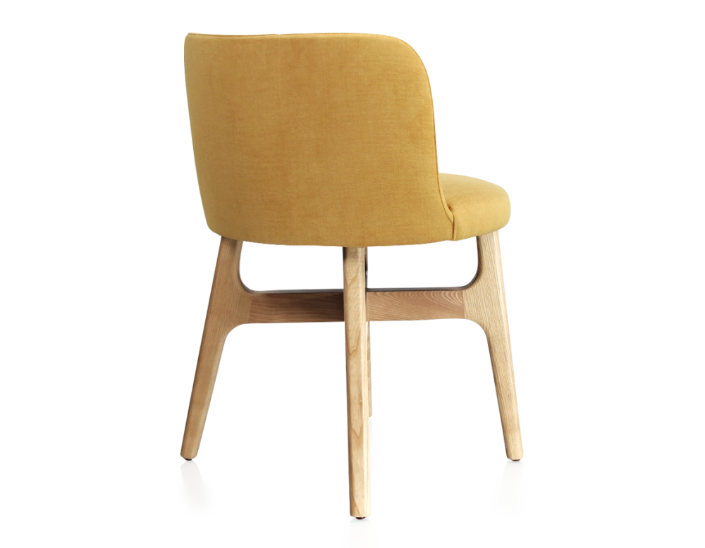Chaise design bois teinte naturelle assise tissu jaune Chaise design bois teinte naturelle assise tissu jaune