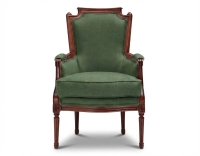Fauteuil bergère style Louis XVI bois teinte ancienne et tissu vert foncé