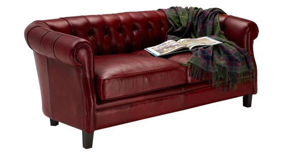 Canapé Chesterfield cuir 2 places rouge carmin accoudoirs cloutés