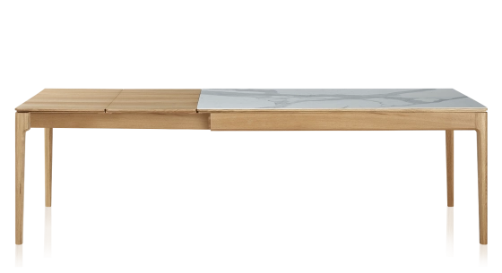 Table extensible 8 à 12 personnes en chêne et céramique allonges bois avec bois teinte naturelle et plateau céramique effet marbre blanc 210x90 cm