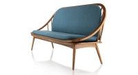 Canapé scandinave 2 places bois teinte merisier et tissu bleu océan Canapé scandinave 2 places bois teinte merisier et tissu bleu océan