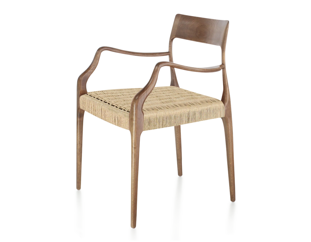 Chaise scandinave avec accoudoirs bois teinte noyer assise corde Chaise scandinave avec accoudoirs bois teinte noyer assise corde
