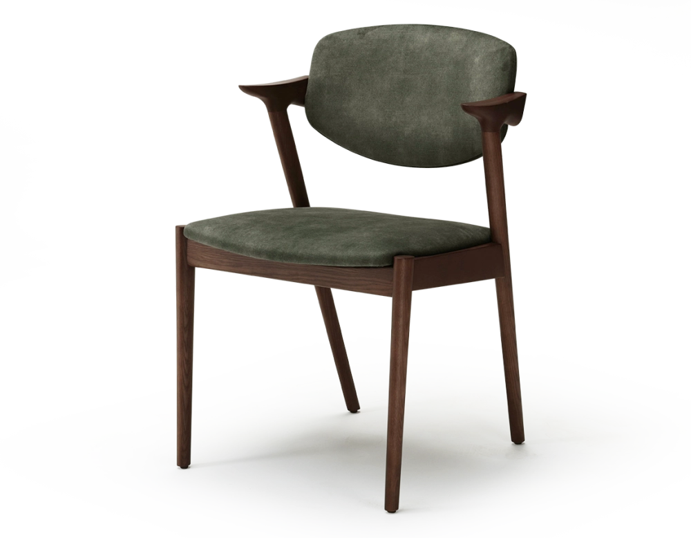 Scandinavian chair dark brown stained wood with forest green velvet seat. Scandinavian chair dark brown stained wood with forest green velvet seat.