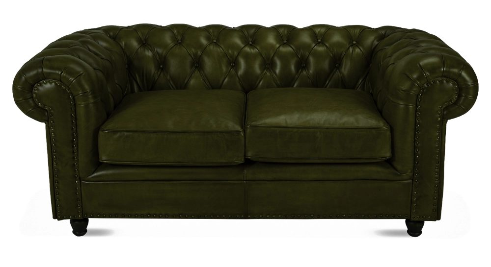 Canapé Chesterfield cuir 2 places vert olive accoudoirs cloutés Canapé Chesterfield cuir 2 places vert olive accoudoirs cloutés