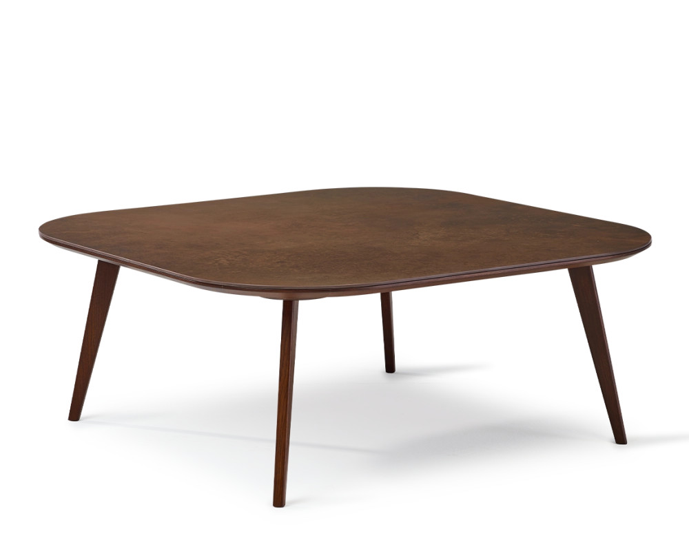 Square coffee table with rounded corners F2 in oak and ceramic dark brown stained wood with rust-effect ceramic top. 120x120x40 cm