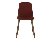 Chaise design en chêne tapissé bois teinte marron foncé assise tissu bordeaux Chaise design en chêne tapissé bois teinte marron foncé assise tissu bordeaux