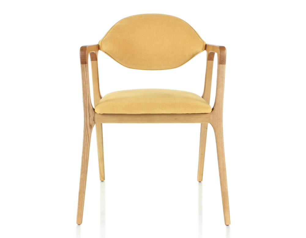 Chaise design avec accoudoirs bois teinte naturelle et tissu jaune Chaise design avec accoudoirs bois teinte naturelle et tissu jaune