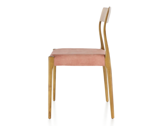 Scandinavian chair cherry-stained wood, pale pink velvet seat