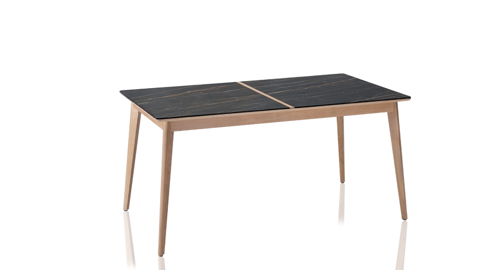 Table extensible 8 à 12 personnes en chêne et céramique allonges bois avec bois teinte naturelle et plateau céramique effet marbre noir 210x90 cm Table extensible 8 à 12 personnes en chêne et céramique allonges bois avec bois teinte naturelle et plateau céramique effet marbre noir 210x90 cm