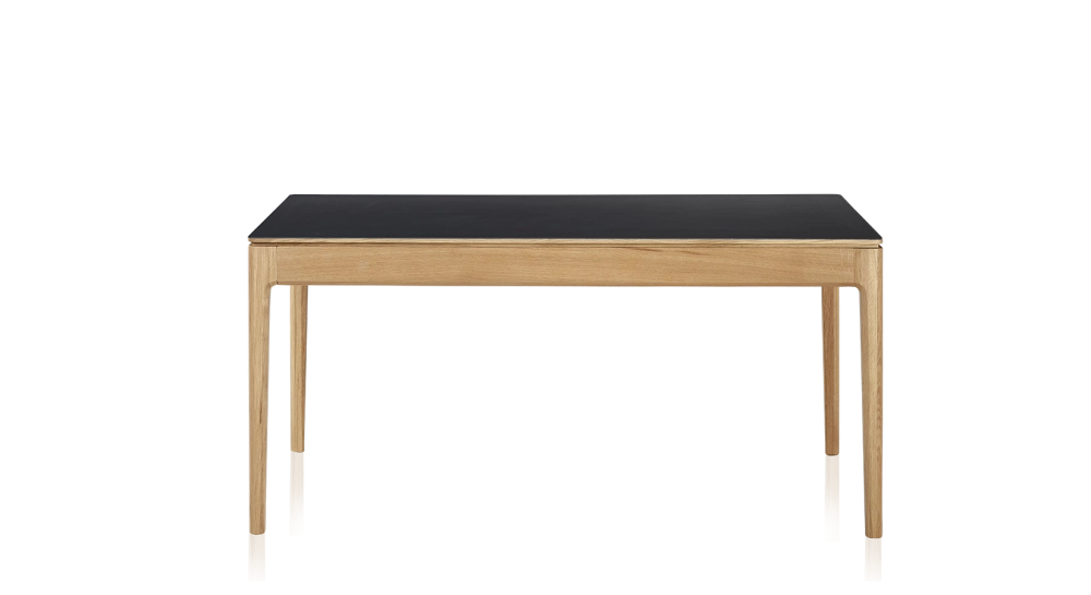 Extendable table for 8 to 14 people in oak and ceramic with ceramic extensions with natural stained wood and plain black ceramic top and extensions 210x100 cm