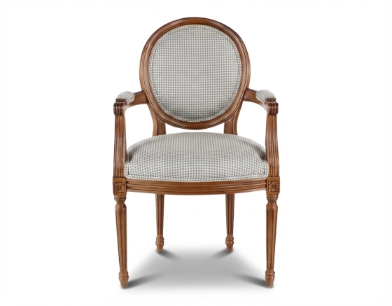 Sillón antiguo estilo Luis XVI bois teinte ancienne et tissu pied de poule blanc et taupe