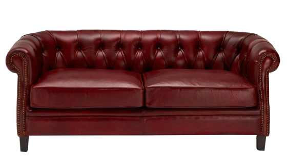 Canapé Chesterfield cuir 2 places rouge carmin accoudoirs cloutés