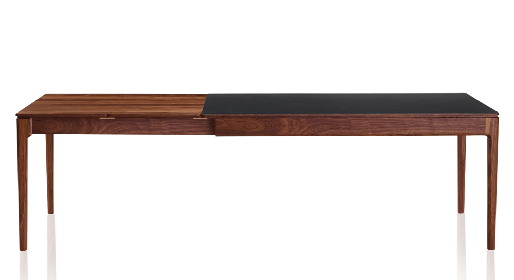 Table extensible 8 à 12 personnes en noyer et céramique allonges bois avec bois teinte naturelle et plateau céramique noir unie 160x100 cm Table extensible 8 à 12 personnes en noyer et céramique allonges bois avec bois teinte naturelle et plateau céramique noir unie 160x100 cm