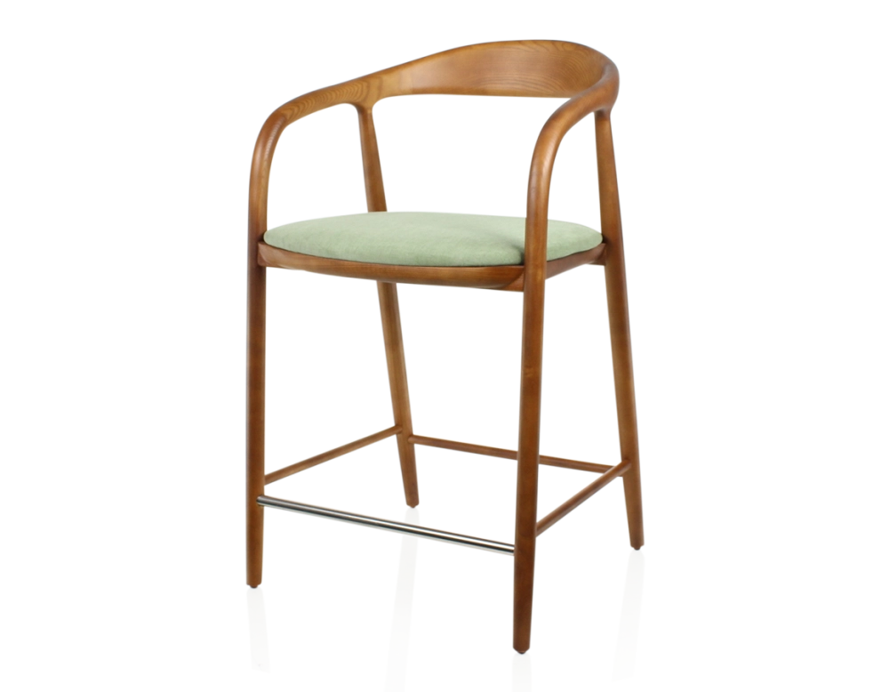 Tabouret de bar H60 cm bois teinte merisier et tissu vert Tabouret de bar H60 cm bois teinte merisier et tissu vert