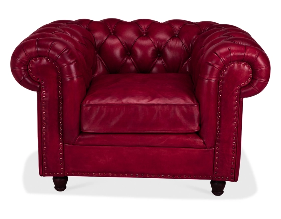 Fauteuil Chesterfield cuir rouge carmin accoudoirs cloutés
