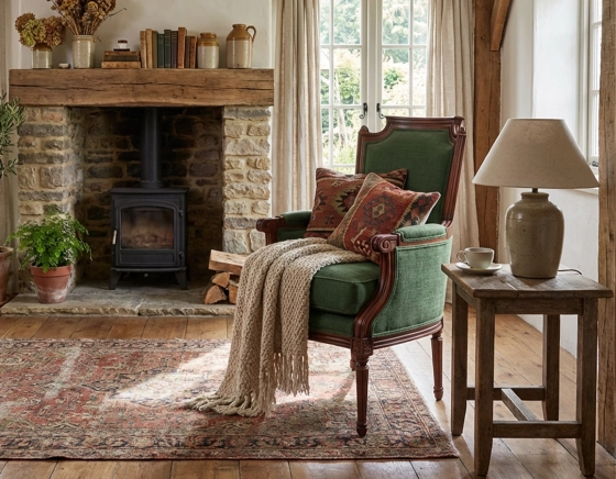 Louis XVI style bergère armchair bois teinte ancienne et tissu vert foncé