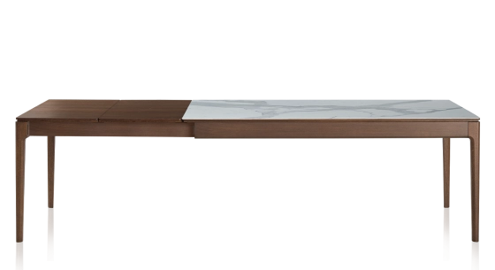 Table extensible 8 à 12 personnes en chêne et céramique allonges bois avec bois teinte marron foncé et plateau céramique effet marbre blanc 180x100 cm