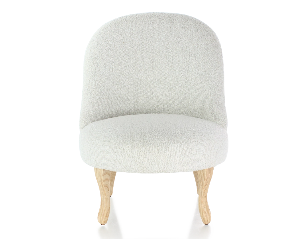 Fauteuil crapaud sans accoudoirs pieds bois teinte naturelle et tissu bouclé blanc Fauteuil crapaud sans accoudoirs pieds bois teinte naturelle et tissu bouclé blanc