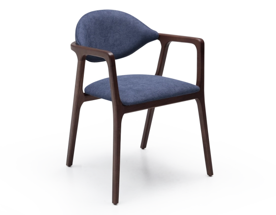Designer armchair dark brown stained wood and ocean blue fabric.
