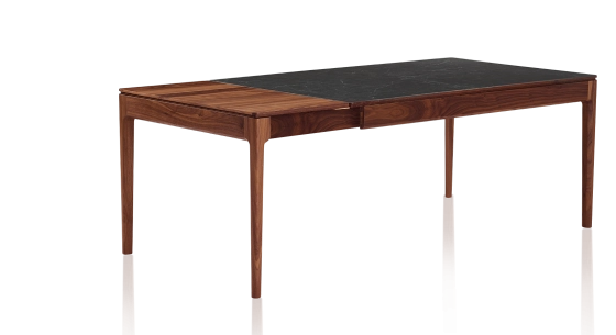 Table extensible 6 à 10 personnes en noyer et céramique allonges bois avec bois teinte naturelle et plateau céramique effet ardoise 140x90 cm