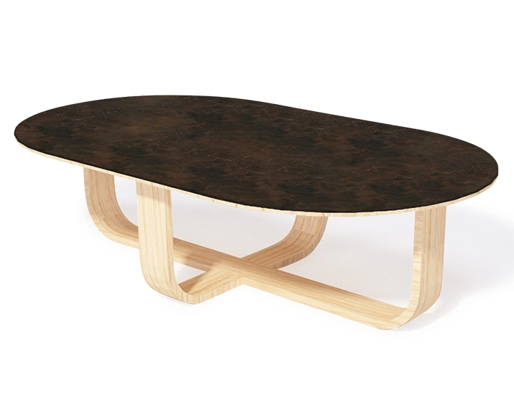 Table basse ovale en chêne et céramique avec bois teinte naturelle plateau céramique brun oxydé 140x80 cm Table basse ovale en chêne et céramique avec bois teinte naturelle plateau céramique brun oxydé 140x80 cm