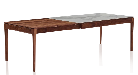 Table extensible en noyer et céramique effet marbre blanc 140x90 cm allonges bois