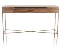 Console design noyer teinte naturelle et métal patine laiton 100 cm Console design noyer teinte naturelle et métal patine laiton 100 cm