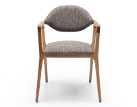 Designer armchair natural wood finish and brown mottled fabric Designer armchair natural wood finish and brown mottled fabric