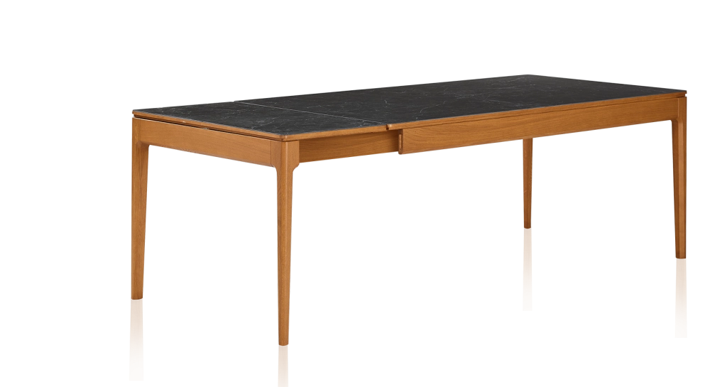 Table extensible 8 à 12 personnes en chêne et céramique allonges céramique avec bois teinte merisier et plateau et allonges céramique effet ardoise 160x100 cm