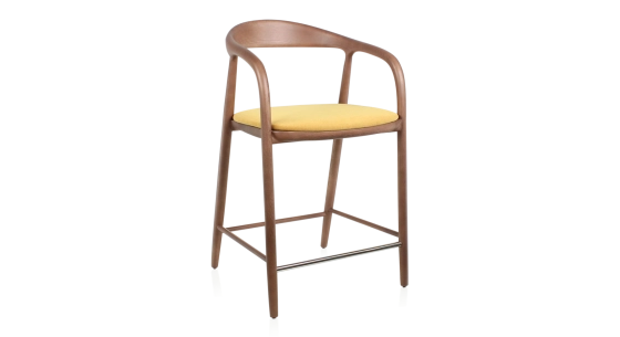 Tabouret de bar H60 cm bois teinte noyer et tissu jaune