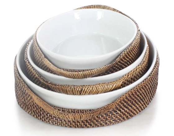 Small oval porcelain dish with small rattan flower stand