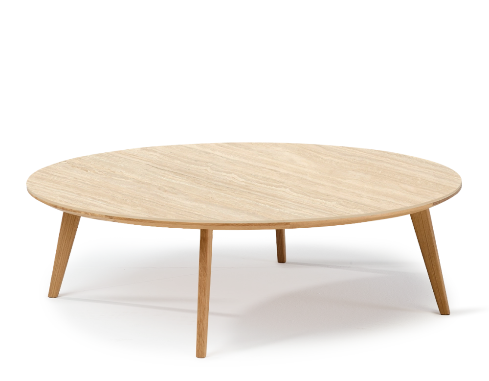 Table basse ronde F1 en chêne et céramique bois teinte naturelle plateau céramique effet pierre travertin 100x100x40 cm