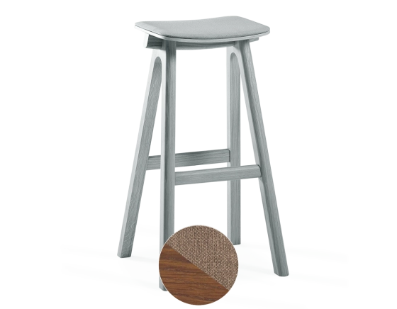 Tabouret de bar en chêne tapissé H80 cm bois teinte noyer assise tissu taupe