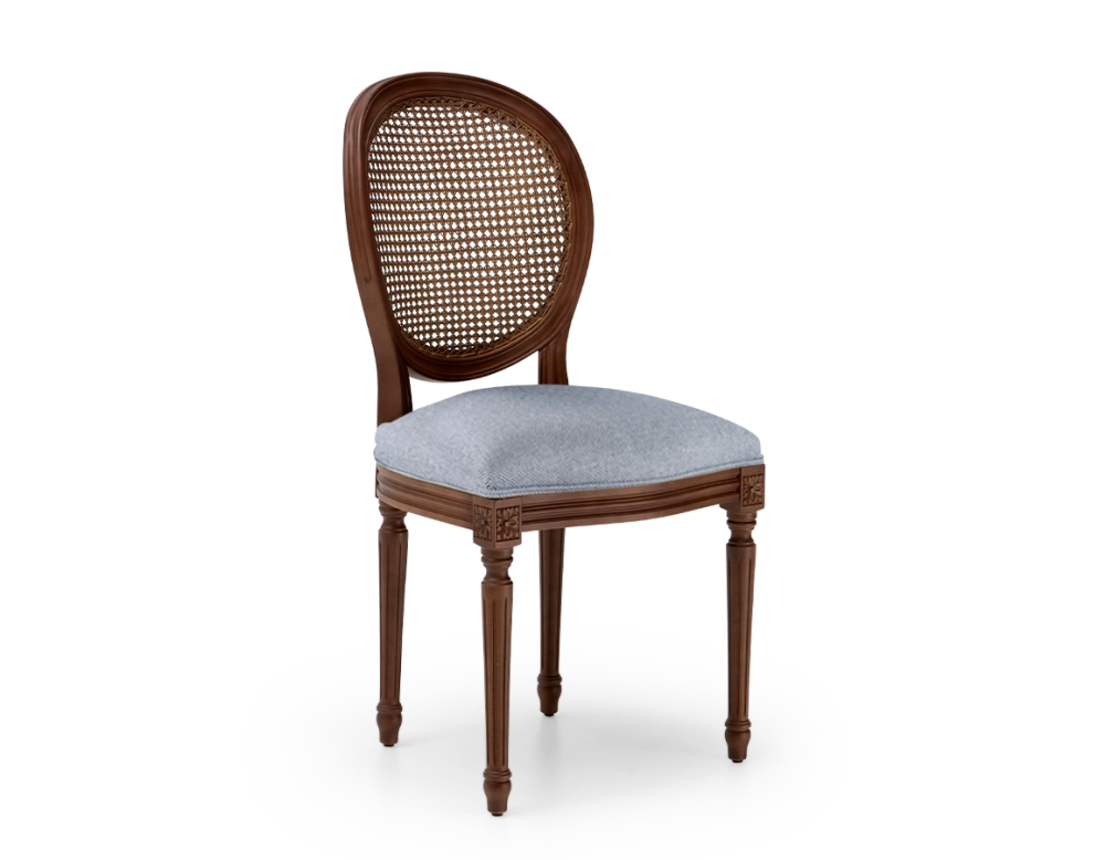 Louis XVI style antique chair dark brown stained wood with cane backrest and blue chevron fabric seat. Louis XVI style antique chair dark brown stained wood with cane backrest and blue chevron fabric seat.