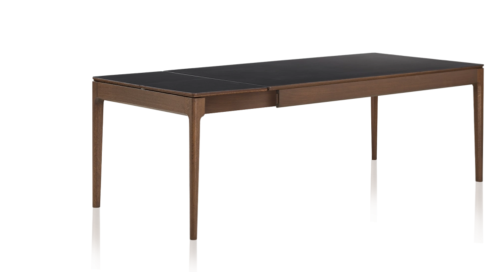 Table extensible 8 à 12 personnes en chêne et céramique allonges céramique avec bois teinte marron foncé et plateau et allonges céramique noire unie 160x100 cm