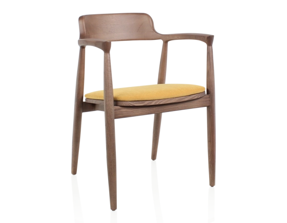 Scandinavian chair walnut-stained wood and yellow fabric