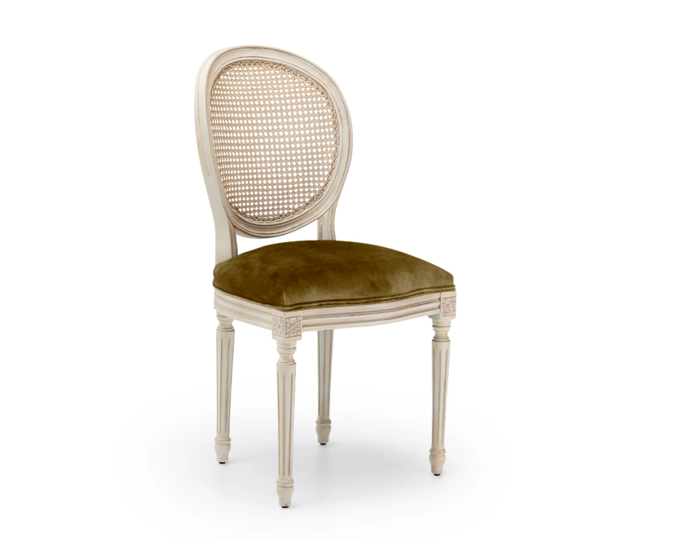 Chaise ancienne style Louis XVI bois teinte blanche cérusée dossier canné assise tissu velours vert olive Chaise ancienne style Louis XVI bois teinte blanche cérusée dossier canné assise tissu velours vert olive