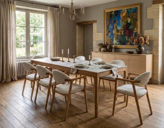 Chaise design avec accoudoirs bois teinte naturelle et tissu bouclé blanc