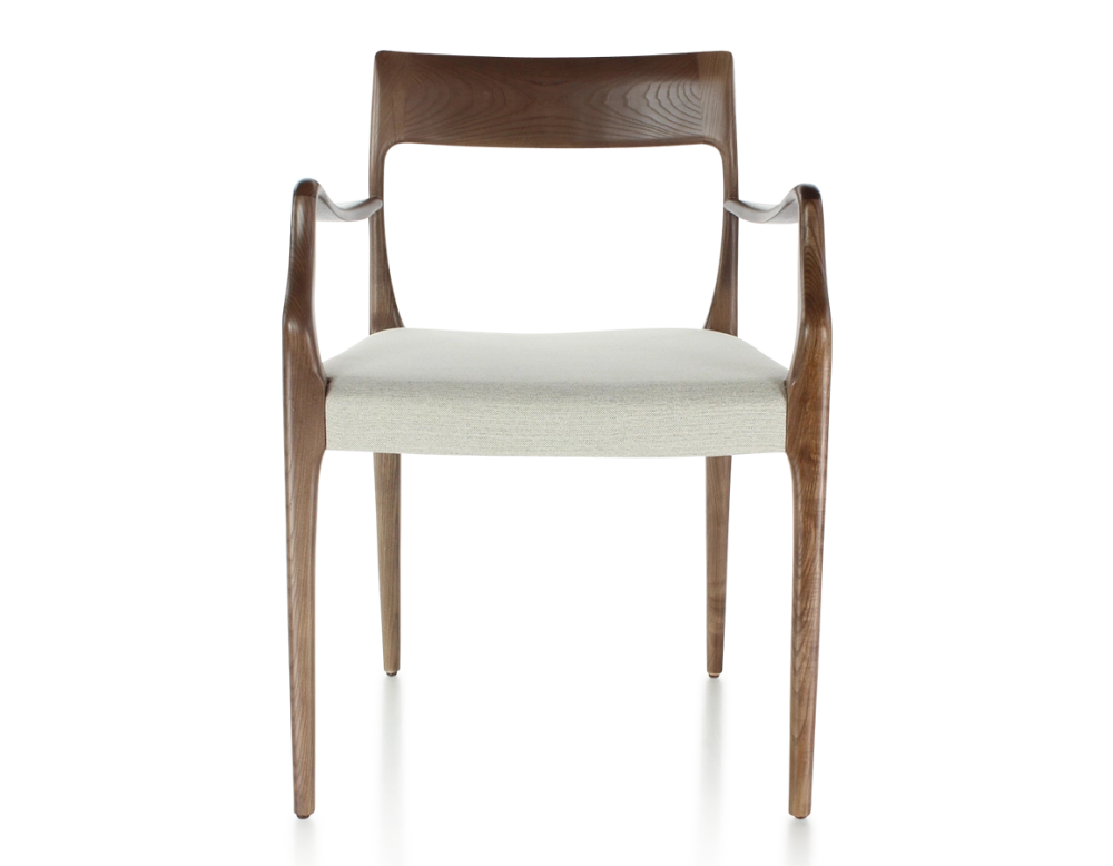 Chaise scandinave avec accoudoirs bois teinte marron foncé assise tissu beige naturel Chaise scandinave avec accoudoirs bois teinte marron foncé assise tissu beige naturel