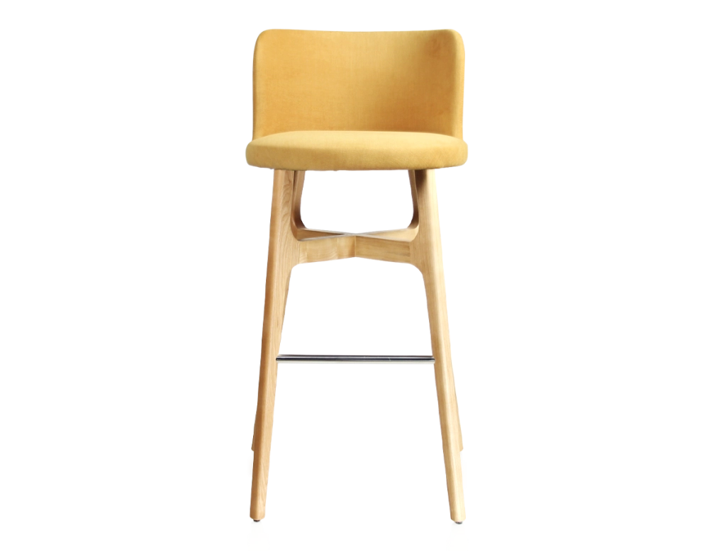 Tabouret de bar h80 cm bois teinte naturelle assise tissu jaune Tabouret de bar h80 cm bois teinte naturelle assise tissu jaune