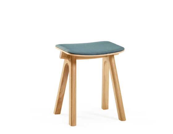 Upholstered oak stool H45 cm natural stained wood, ocean blue fabric seat
