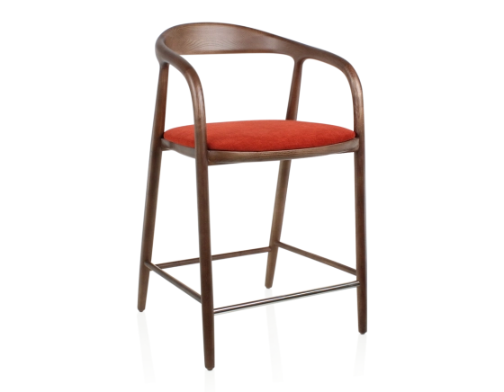 Bar stool H60 cm dark brown stained wood and burnt orange fabric