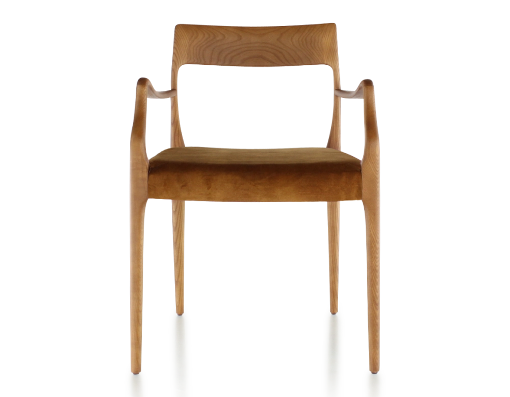 Chaise scandinave avec accoudoirs bois teinte merisier assise tissu velours bronze Chaise scandinave avec accoudoirs bois teinte merisier assise tissu velours bronze